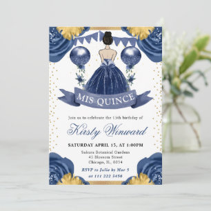 Navy Blue Dress Brunette Princess Quinceanera Invitation