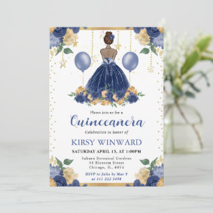 Navy Blue Dress Dark Skin Princess Quinceanera Invitation