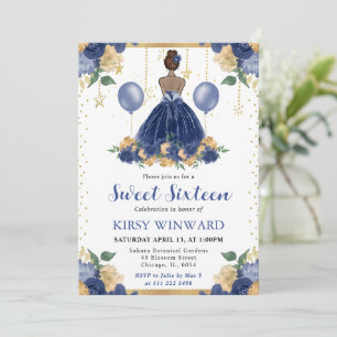 Navy Blue Dress Dark Skin Princess Sweet 16 Invitation