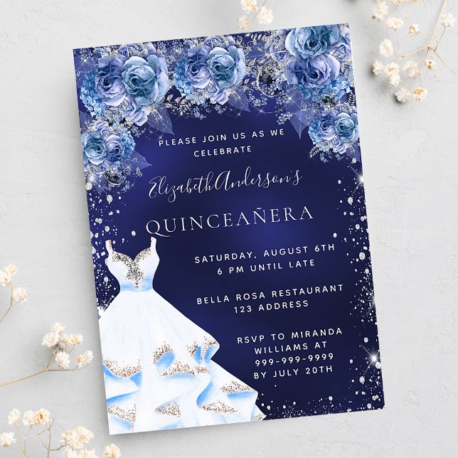 Navy blue dress florals Quinceanera Invitation (Creator Uploaded)