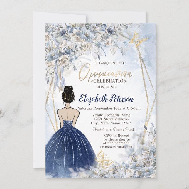 Navy Blue Dress Girl, Blue Flowers Quinceanera Invitation (Front)