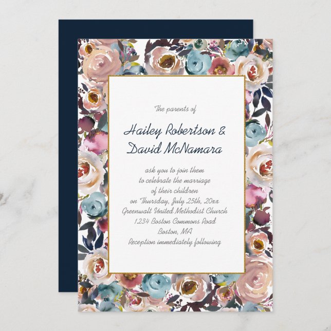 Navy Blue Dusk Blue Mauve Gold Wedding | Invitation (Front/Back)