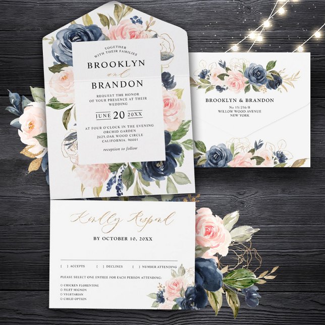 Navy Blue Dusty Blush Pink Floral Wedding  All In  One Invitation (Creator Uploaded)