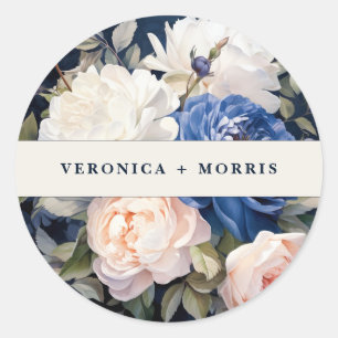 Navy Blue & Dusty Blush Pink Floral Wedding Classic Round Sticker