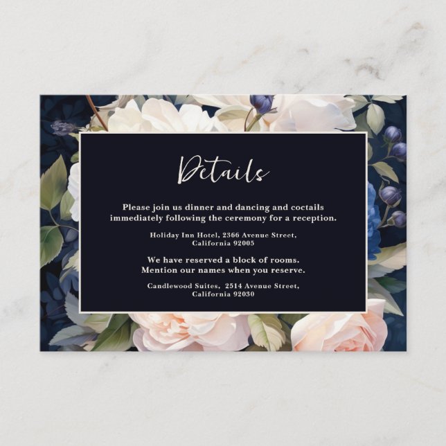 Navy Blue & Dusty Blush Pink Floral Wedding Enclosure Card (Front)