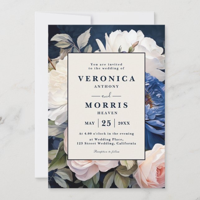 Navy Blue & Dusty Blush Pink Floral Wedding Invita Invitation (Front)