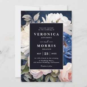 Navy Blue & Dusty Blush Pink Floral wedding Invitation