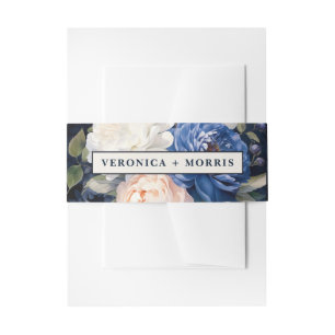 Navy Blue & Dusty Blush Pink Floral Wedding Invitation Belly Band