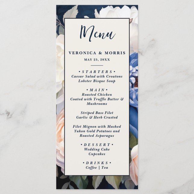 Navy Blue & Dusty Blush Pink Floral Wedding Menu (Front)