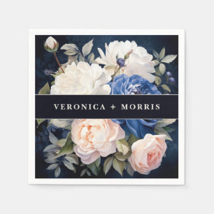 Navy Blue & Dusty Blush Pink Floral Wedding Napkin