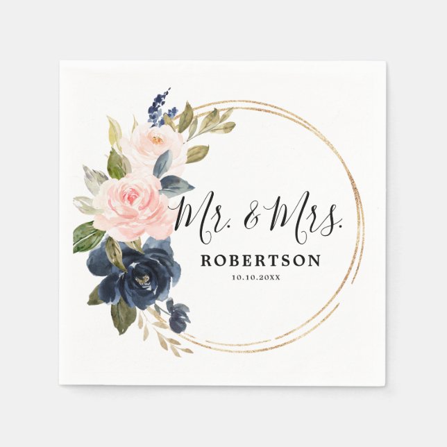 Navy Blue Dusty Blush Pink Floral Wedding  Napkin (Front)