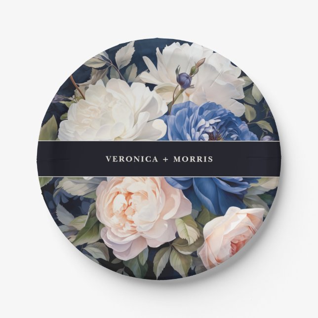Navy Blue & Dusty Blush Pink Floral Wedding  Paper Plate (Front)