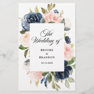 Navy Blue Dusty Blush Pink Floral Wedding Program