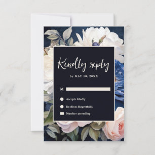 Navy Blue & Dusty Blush Pink Floral Wedding RSVP Card