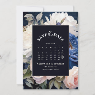 Navy Blue & Dusty Blush Pink Floral Wedding Save The Date