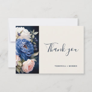 Navy Blue & Dusty Blush Pink Floral Wedding Thank You Card