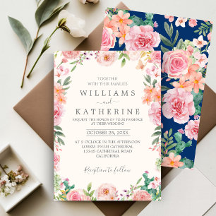 Navy Blue Dusty Blush Pink & Peach Floral Wedding  Invitation