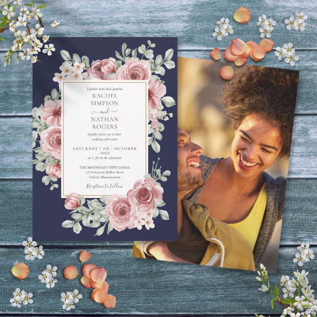 Navy Blue Dusty Rose Floral Gold Wedding Photo Invitation (Navy Blue Dusty Rose Floral Gold Wedding Photo Invitation)