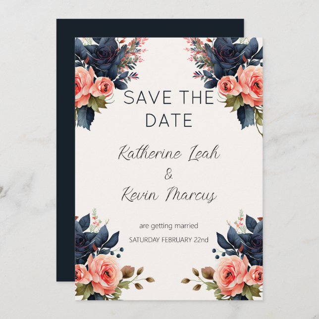 Navy Blue Dusty Rose Floral Save the Date Wedding  Invitation (Front/Back)