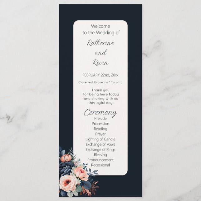  Navy Blue Dusty Rose Floral Wedding Flat Program Programme (Front)