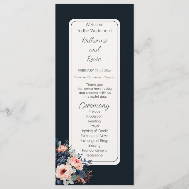  Navy Blue Dusty Rose Floral Wedding Flat Program Programme (Front)