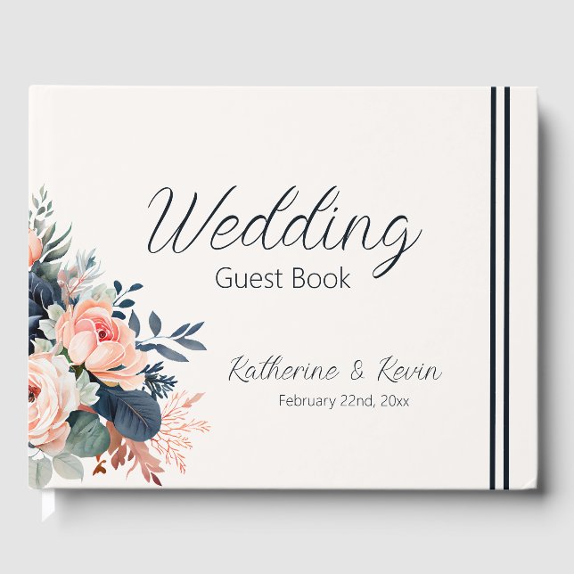  Navy Blue Dusty Rose Floral Wedding Guest Book (Front)