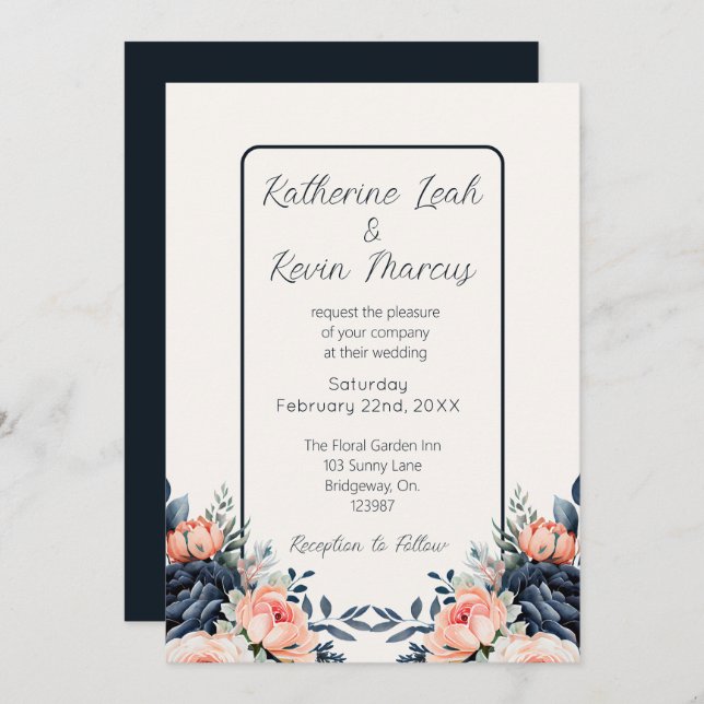  Navy Blue Dusty Rose Floral Wedding Invitation (Front/Back)