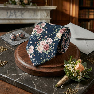 Navy Blue Dusty Rose Peony Floral Groomsmen Tie