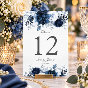 Navy Blue Dusty Slate Floral Wedding Bridal Shower Table Number