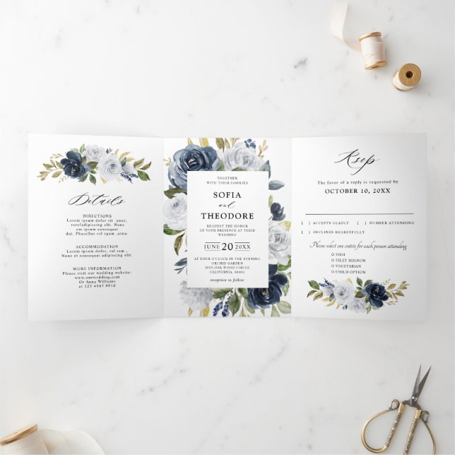 Navy Blue Dusty White Floral Botanical Wedding  Tri-Fold Announcement (Inside)