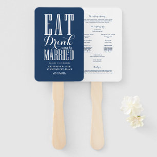 Navy Blue Eat Drink and Be Married Wedding Program Hand Fan