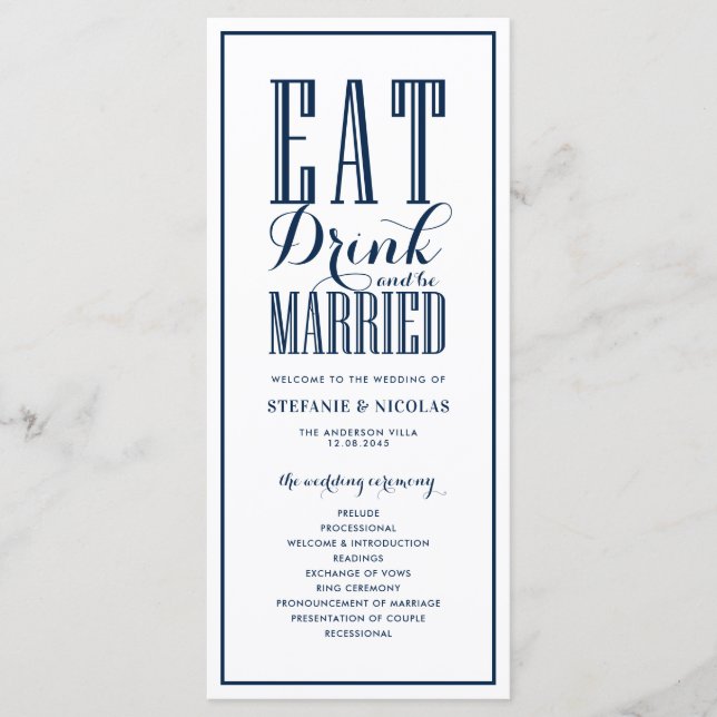 Navy Blue Eat Drink and be Married Wedding Programme (Front)