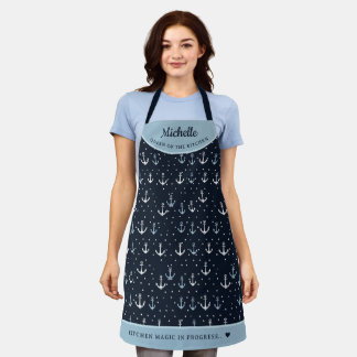 Navy blue elegant anchor pattern personalised apron