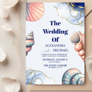 Navy Blue Elegant Beach Seashell Wedding  Invitation