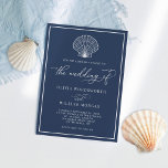 Navy Blue Elegant Beach Seashell Wedding Invitation<br><div class="desc">This simple minimal navy blue beach wedding invitation design has a scallop shell at the top,  elegant script calligraphy,  and a frame around the edge.</div>
