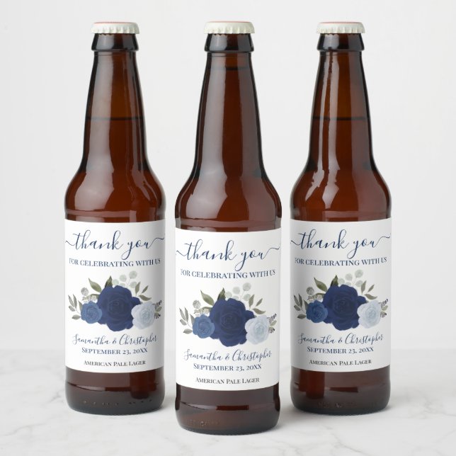 Navy & Blue Elegant Boho Roses Wedding Thank You Beer Bottle Label (Bottles)
