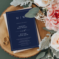 Navy Blue Elegant Border & Monogram Wedding