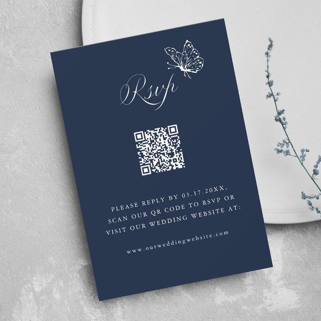Navy Blue Elegant Calligraphy Wedding QR Code RSVP Card (Creator Uploaded)