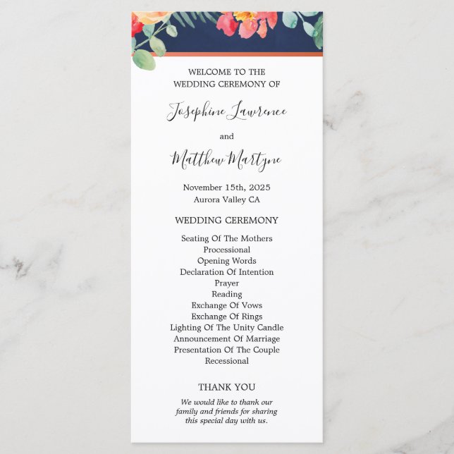 Navy Blue Elegant Coral Floral Wedding Programme (Front)