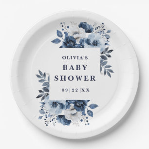 Navy Blue Elegant Country Floral Baby Shower Paper Plate