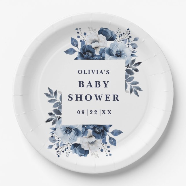 Navy Blue Elegant Country Floral Baby Shower Paper Plate (Front)