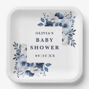 Navy Blue Elegant Country Floral Baby Shower Paper Plate