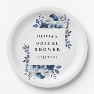 Navy Blue Elegant Country Floral Bridal Shower Paper Plate