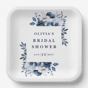 Navy Blue Elegant Country Floral Bridal Shower Paper Plate