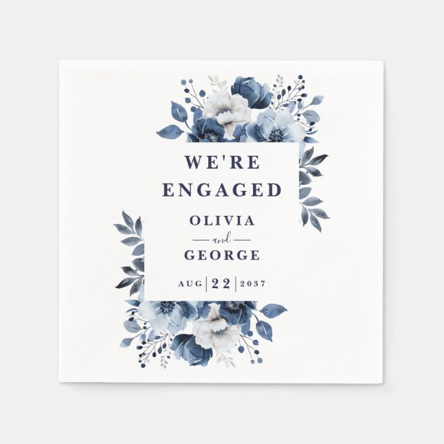 Navy Blue Elegant Country Floral Engagement Party Napkin (Front)
