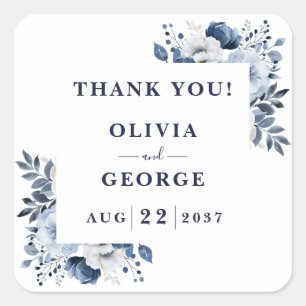 Navy Blue Elegant Country Floral Wedding Favour Square Sticker