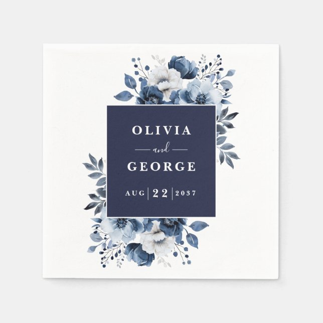 Navy Blue Elegant Country Floral Wedding Napkin (Front)