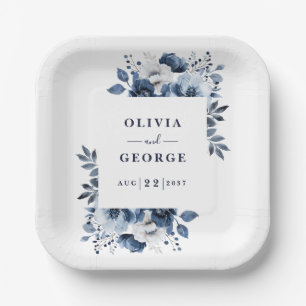 Navy Blue Elegant Country Floral Wedding Paper Plate