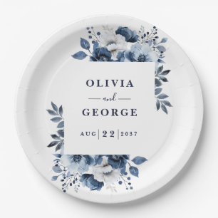 Navy Blue Elegant Country Floral Wedding Paper Plate