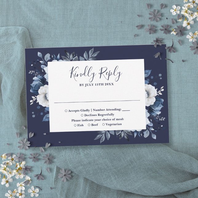 Navy Blue Elegant Country Garden Floral Wedding RSVP Card (Navy Blue Elegant Country Garden Floral Wedding RSVP Card)